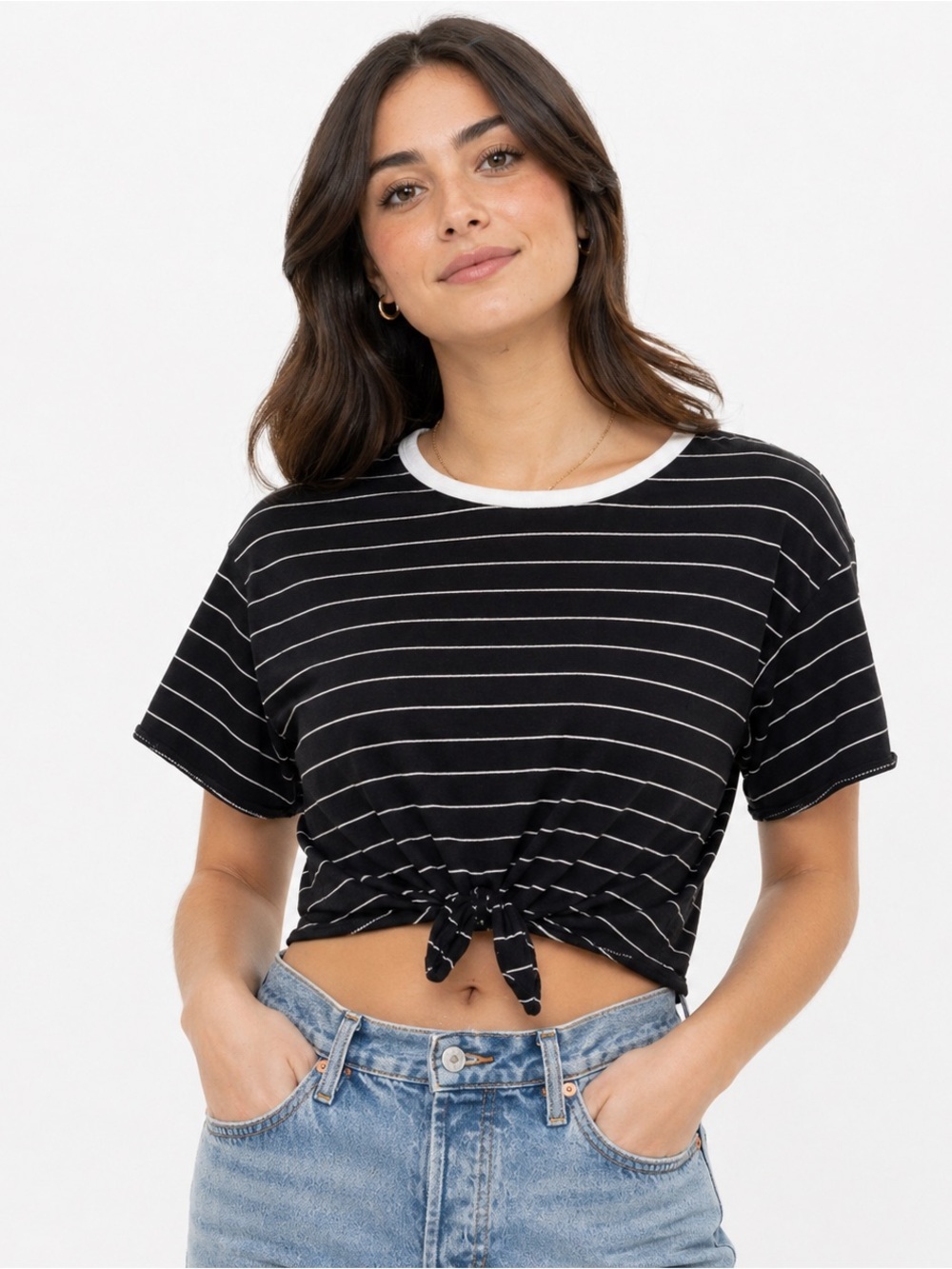 Forever 21 Striped Tie-Front Shirt Black & White